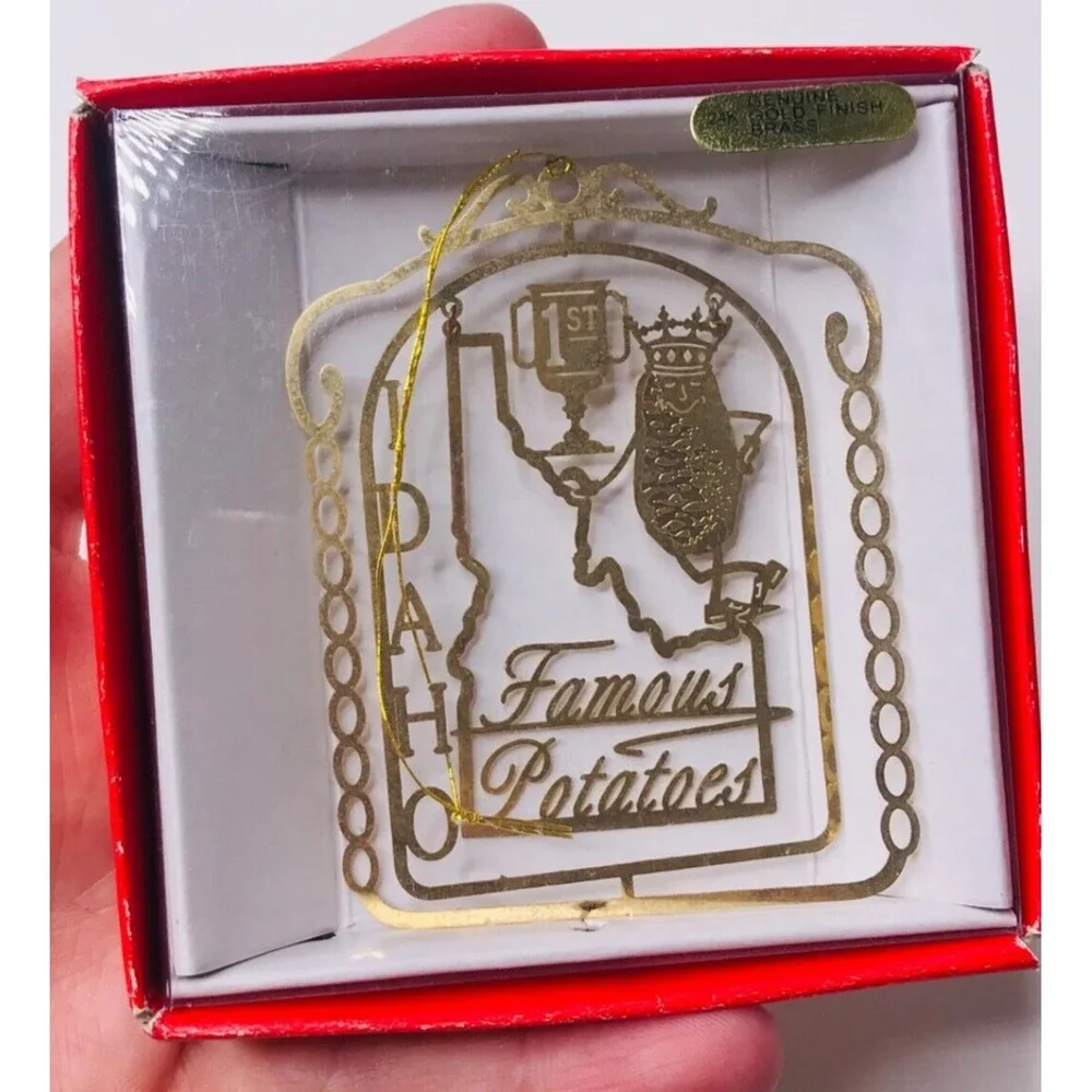 Idaho Famous Potatoes Christmas Ornament 24k Gold Finish Brass Holiday Boxed